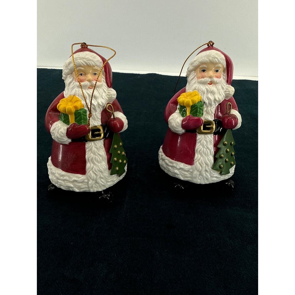 Santa Claus Christmas Bells Set of 2 Ceramic 4 Inch Holiday Tree Ornaments Decor